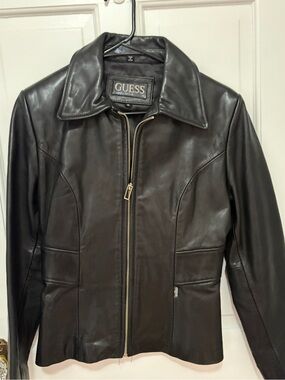 Guess Black Leather Zip-Up Jacket with Gold-Tone Hardware